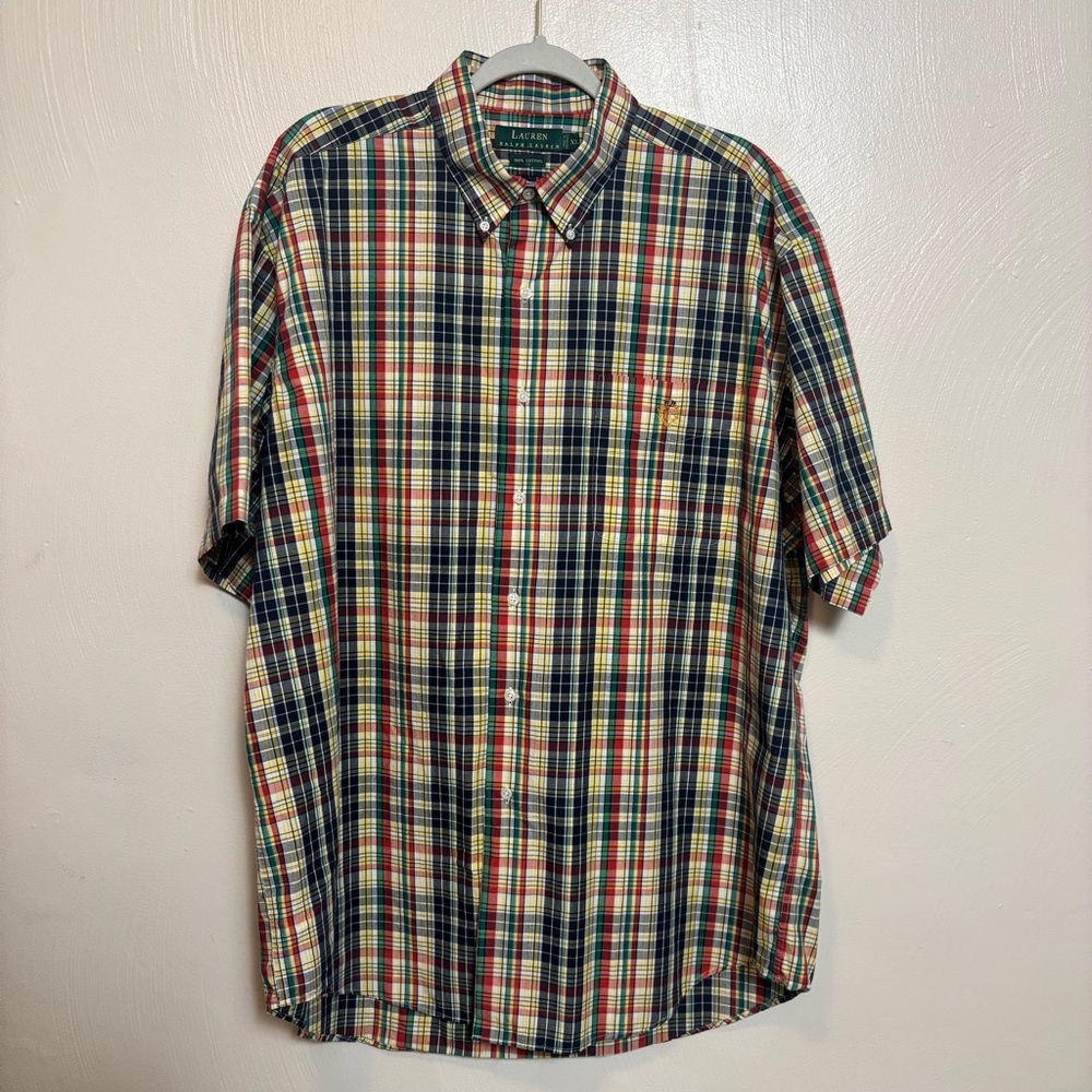 Vintage Ralph Lauren Men's Shirt Plaid Multicolored Short Sleeve Button Down XL‎